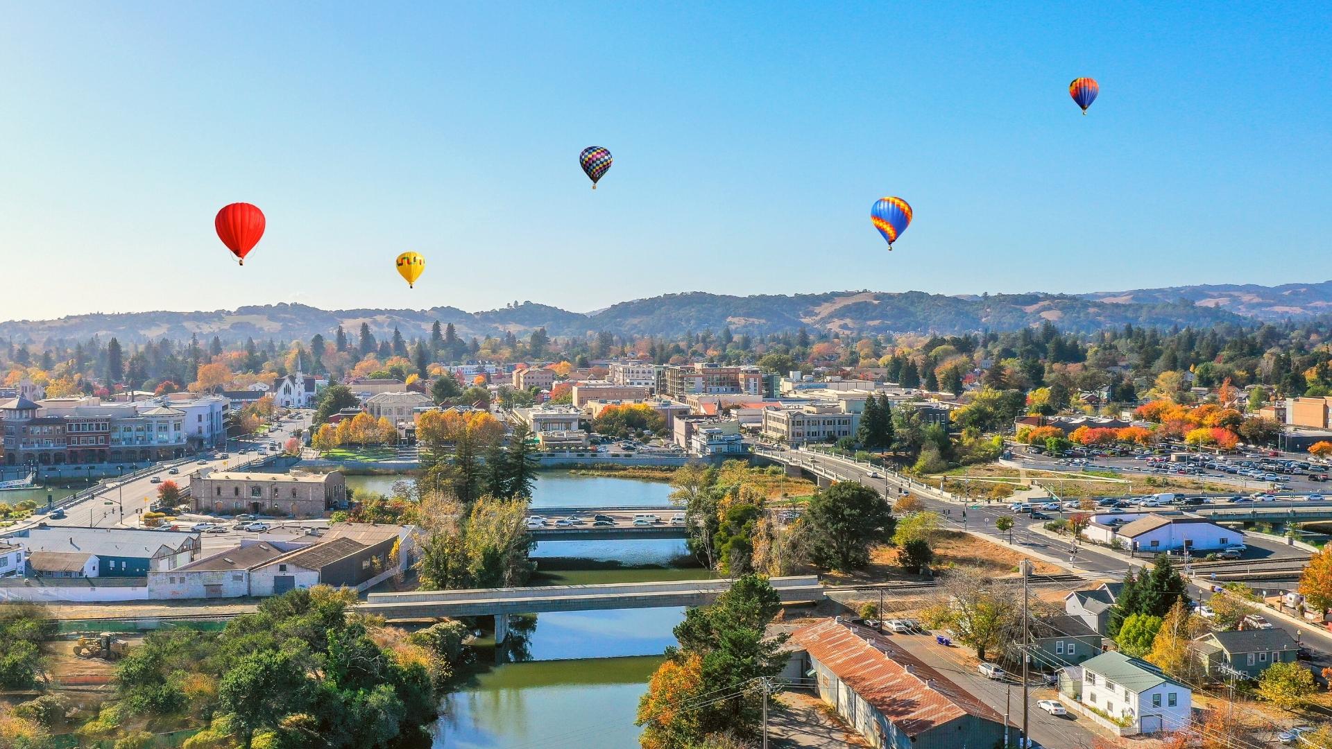 Napa California Aerial Riverfront with Hot Air Balloons
